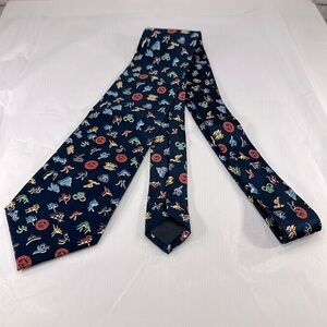 Navy Blue Silk Men’s Necktie with Sports Theme Stick Figure Images Print ⭐️ EUC